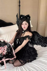 Black Multi-layer Ruffle Hanayome Bowknot Lace Gothic Mini Lolita Skirt Dress